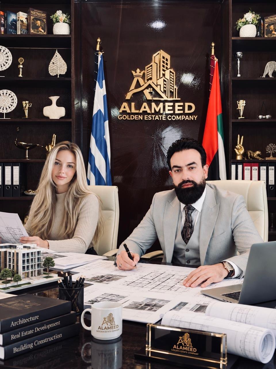 Η ομάδα της ALAMEED Golden Estate Company στο γραφείο, με τις σημαίες Ελλάδας και Ηνωμένων Αραβικών Εμιράτων